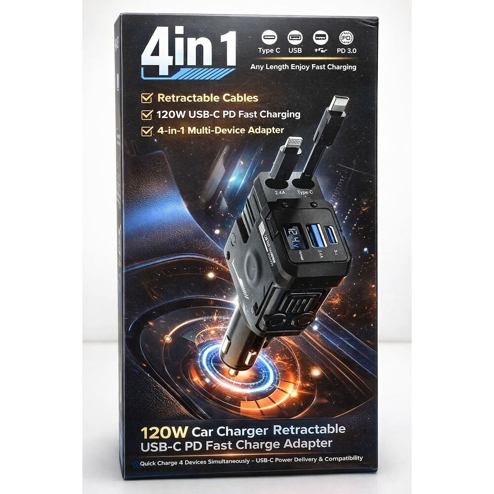 4-in-1 120W Retractable Car Charger PD 3.0 USB-C Fast Charging Adapter